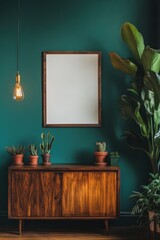 Cozy living room setup featuring blank wall art poster mockup, wooden furniture, potted plants, and warm lighting. Ideal for interior decor inspiration. Template. Ready to use.