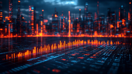 Futuristic Cityscape Digital Art Abstract Background Orange Blue Neon Lights Data Night Modern      