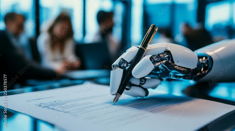 Leinwandbilder a robotic hand writes on a document in a modern office setting, showcasing the integration of techno