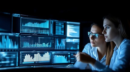 Night Data Analysis; women analyzing graphs on multiple monitors