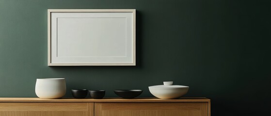 Elegant wooden sideboard with minimalist bowls, framed poster mockup on dark green wall, modern decor, stylish accessories, interior design template, ready to use.