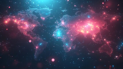 A digital representation of a glowing neural network overlaying a world map illustrating artificial intelligence and technological advancements