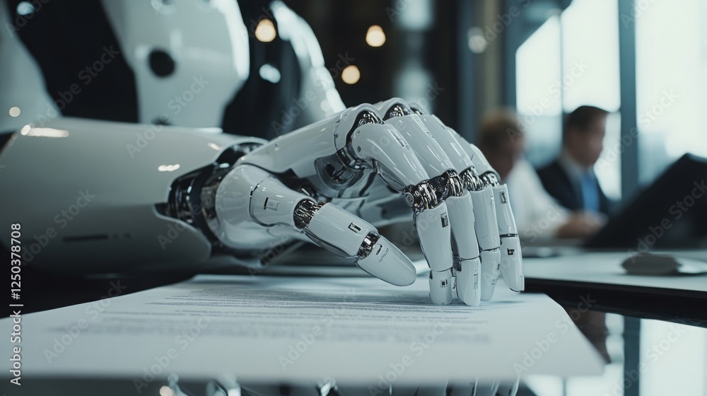 Leinwandbilder a robotic hand rests on a document, symbolizing the intersection of technology and business in a mod