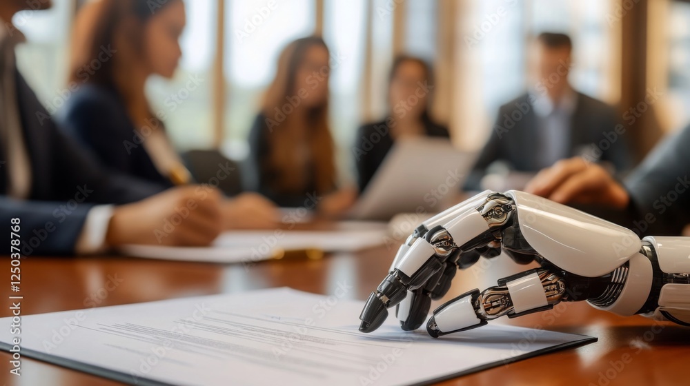 Aufkleber a robotic hand reaches for documents during a business meeting, highlighting the intersection of tec
