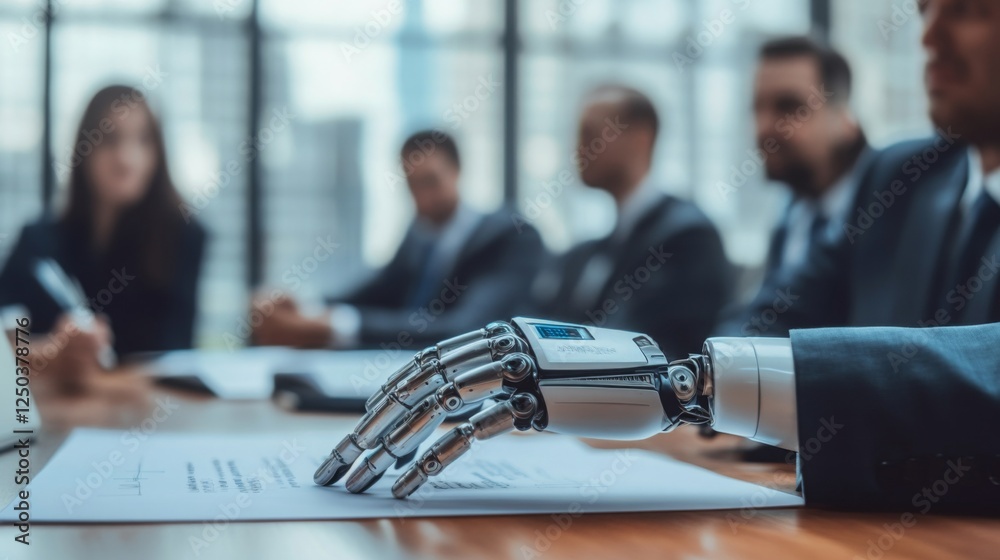 Poster a robotic hand rests on documents in a business meeting, with professionals seated at a table, showc