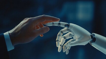 A human hand gently touches a robotic hand, symbolizing the connection between humanity and technology.