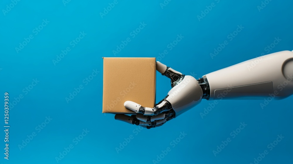 Poster a robotic arm holds a small brown package against a blue background, symbolizing automation and adva