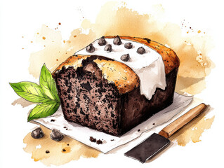 Moist vegan banana bread with chocolate chips and icing