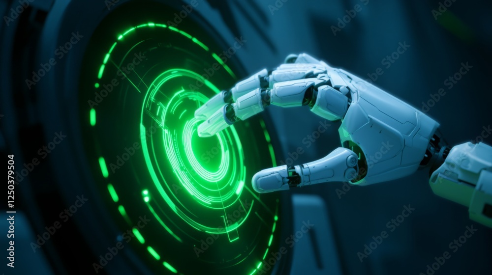 Leinwandbilder a robotic hand touches a glowing green interface, symbolizing advanced technology and interaction in