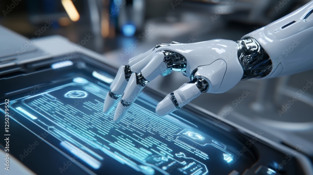 Leinwandbilder a robotic hand interacts with a futuristic touchscreen displaying digital information, showcasing ad