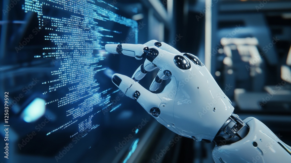 Poster a robotic hand interacts with a digital interface, showcasing advanced technology and data visualiza