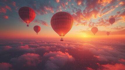 Hot air balloons soaring above clouds at sunset, creating a serene atmosphere.