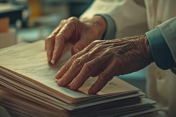 Obraz premium Elderly hands meticulously reviewing a stack of paper documents, possibly medical records.