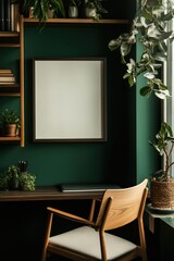 Modern home office setup featuring a blank poster frame, wooden desk, and lush greenery on dark green walls. Ideal for wall art mockup and interior design inspiration.