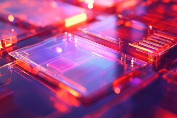 Abstract image of vibrant red and purple glowing glass blocks, creating a futuristic, technological aesthetic.