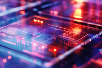 Abstract digital circuitry glowing with vibrant red and blue neon lights, showcasing technological innovation.