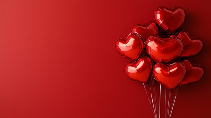 Horizontal banner with shiny red heart-shaped foil balloons on textured red background, copyspace for Valentine's Day cards, romantic posters, weddings, anniversaries, love-themed events