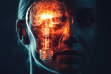 Obraz premium A glowing brain inside a lightbulb symbolizes ideas, innovation, and the power of human intelligence.