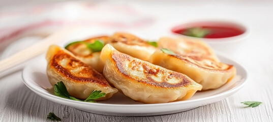 Pan fried dumplings served with dipping sauce on plate