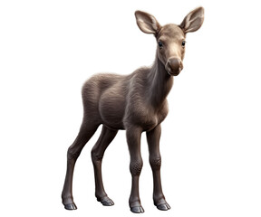A baby moose calf standing with large innocent eyes, soft fur, and tiny budding antlers, realistic shading, isolated on a transparent background