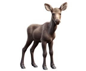 A baby moose calf standing with large innocent eyes, soft fur, and tiny budding antlers, realistic shading, isolated on a transparent background