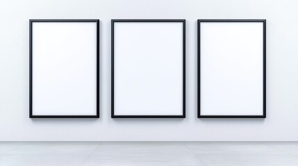Empty photo frames on a minimalist wall with blank space for artwork