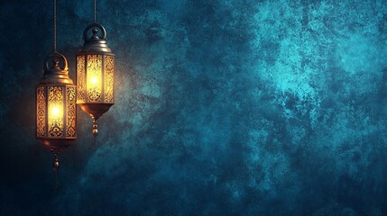 Glowing arabic lanterns with intricate patterns illuminating a dark blue grungy background, perfect for islamic ramadan kareem, iftar festival, and eid mubarak celebration banners