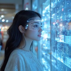 Young Woman Gazing at Digital Holographic Display in Bustling Urban Environment
