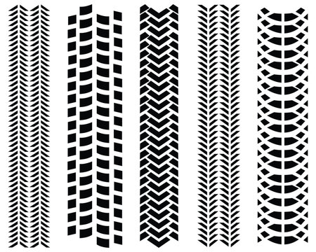 Wheel tire trace track icon set. Tire treads, silhouette of tread marks for cars and vehicles. Motorbike, motorcycle, vehicle track speed racing. Sport, road or highway. Vector illustration.