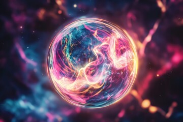 Obraz premium A vibrant, cosmic sphere glows with swirling, ethereal energy against a nebula backdrop.