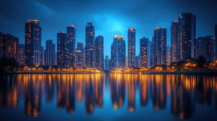 Fototapeta premium A modern urban landscape at dusk featuring sleek,