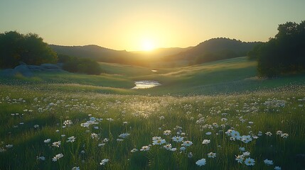 Sunrise Meadow Daisies, Peaceful Landscape