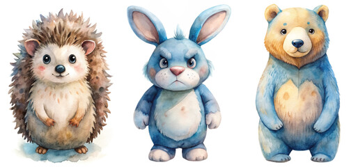 Cute animal illustrations, watercolor style, hedgehog, rabbit, bear characters, playful design, children's art.