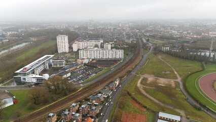 Aerial View of Urban Neighborhood and Railway in Amiens, France 