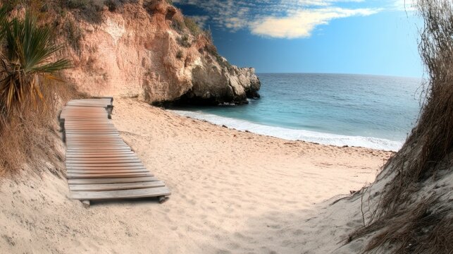 Scenic beach view with a wooden pathway leading to the water.
