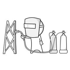 Welder with a welding machine welds metal at a factory