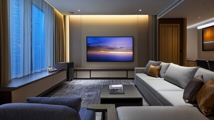 luxury movie theater interior with chairs screen and modern furniture