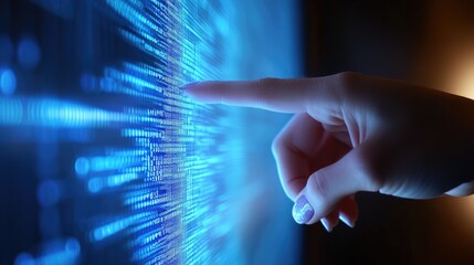 Interactive Data Analysis: Woman's Hand Touching Digital Information Display