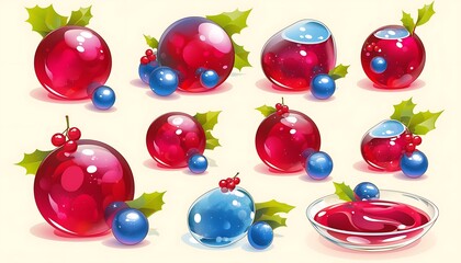 Cartoon jelly balls with berries, holiday design