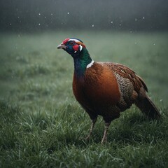 Fototapeta premium A pheasant walking through a misty field, raindrops clinging to its elegant feathers.