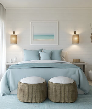 30x40 blank white picture frame hanging on the wall of an elegant coastal modern bedroom, with light blue and turquoise decor, white shiplap walls, and soft lighting. 