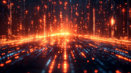 Abstract Digital Cityscape Glowing Orange Lines Network Technology Background Art Data Code Light   