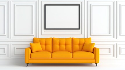 Bright Yellow Sofa Against Elegant White Wall with Empty Frame