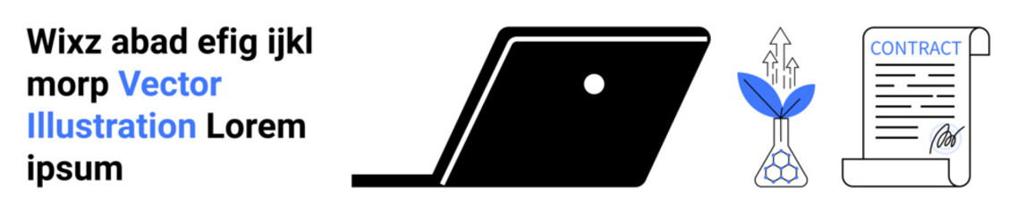 Laptop representing technology, plant with upward arrows symbolizing growth, and signed contract for agreement. Ideal for business, innovation, success, development, analytics, strategy networking