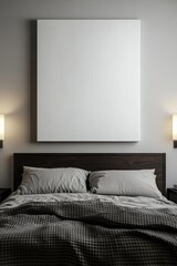 Mockup of an empty canvas above a modern bed in a cozy bedroom, featuring soft bedding and stylish wall sconces. Ideal for interior design projects. Template.
