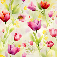 Delicate watercolor tulip flowers in a seamless boho pattern. Ideal for textile design, greeting cards, wallpaper, and romantic botanical-inspired decor.