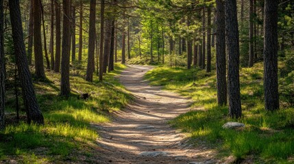 Obraz premium Sunlit Forest Path: A Tranquil Woodland Trail