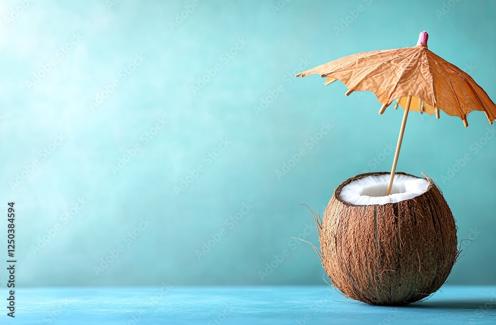 Wall mural Coconut drink, umbrella, beach, summer, turquoise background, tropical, vacation, menu, advertising