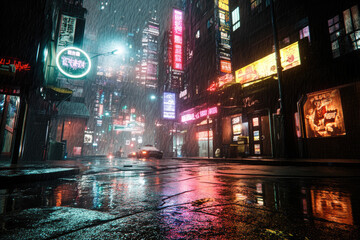 A cinematic view of an empty urban street at night, with shimmering reflections on wet concrete, illuminated by soft neon lights cutting through the fog 