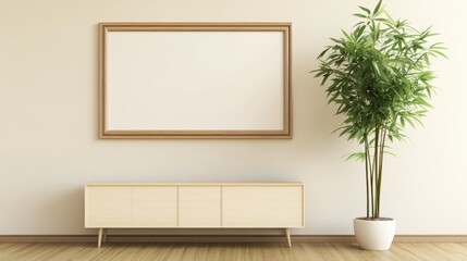 Modern interior featuring a blank wall art poster mockup in a minimalistic living room, stylish furniture, and a decorative indoor plant. Home decor template.
